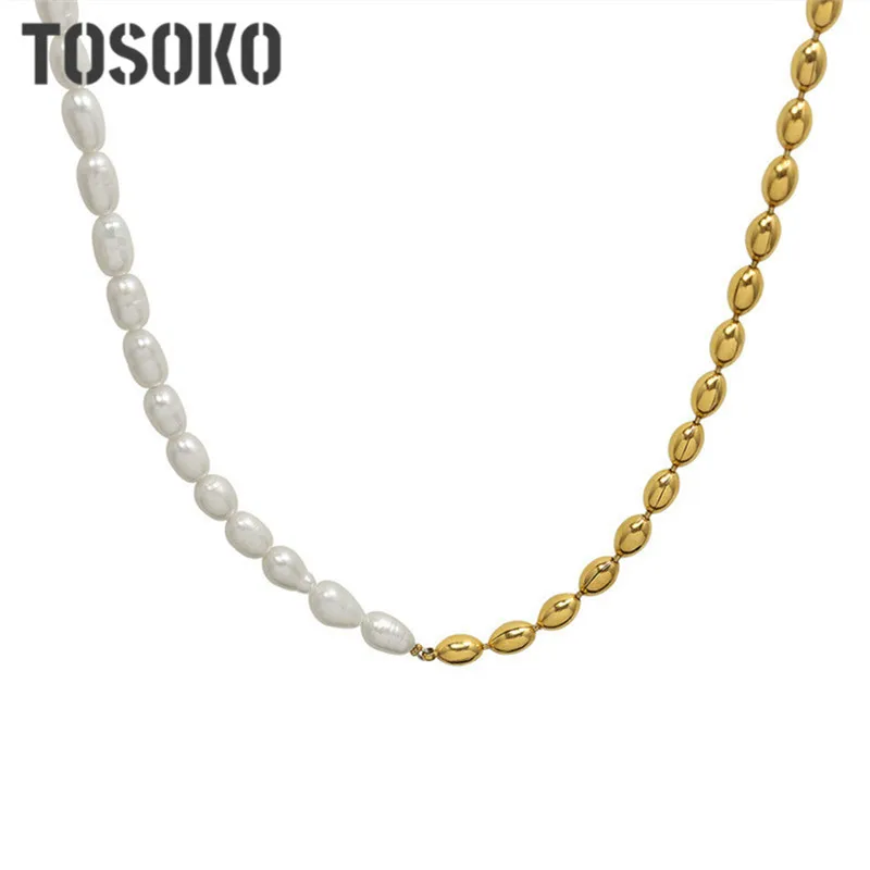 TOSOKO Stainless Steel Jewelry Oval Bead Chain With 18 K Golden Freshwater Pearl Necklace For Women BSP1113