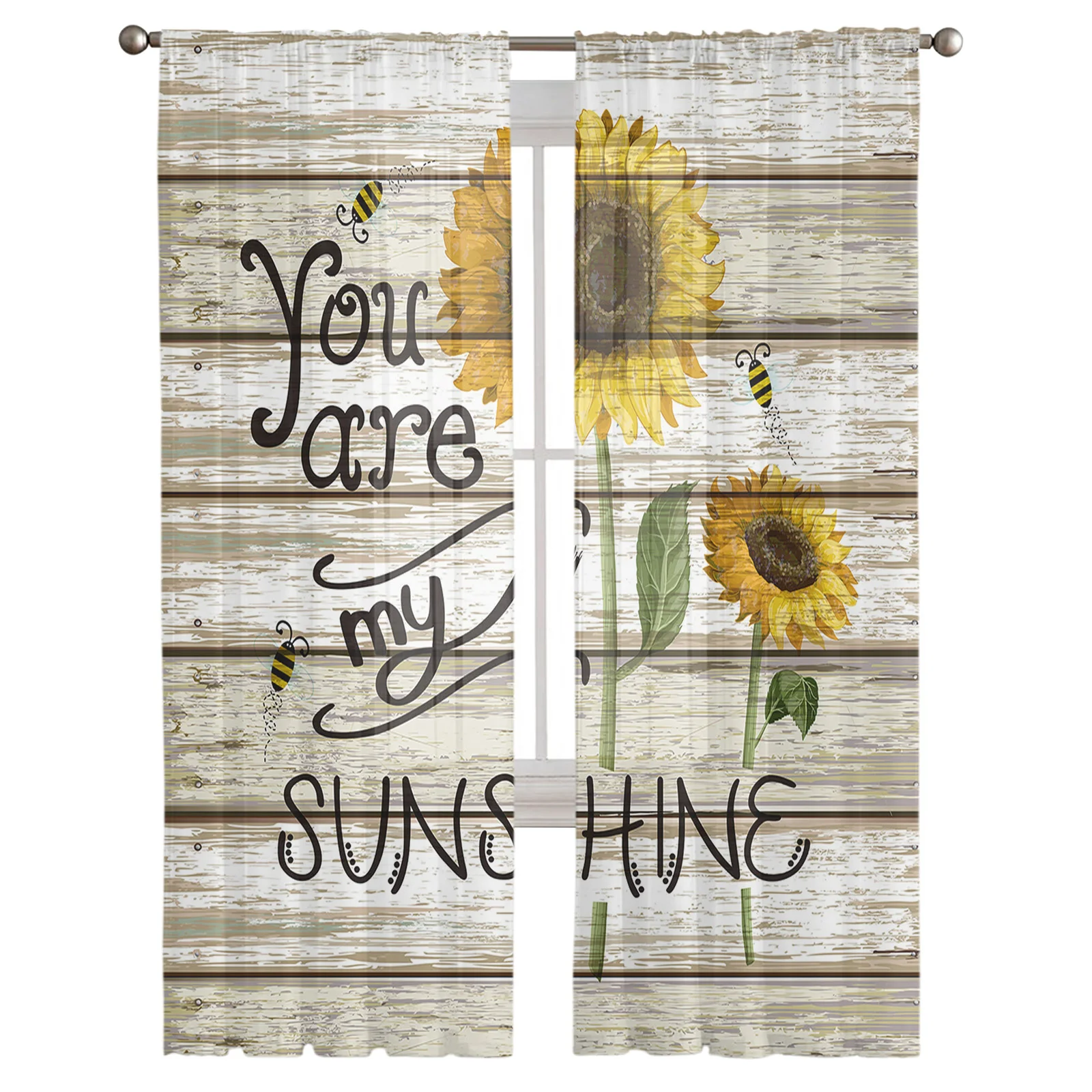 Idyllic Sunflower Bee Vintage Wooden Board Sheer Curtains for Living Room Tulle for Windows Voile Yarn Short Bedroom Curtains