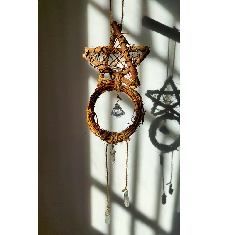 Witches Bells Occult Pentagram Natural Quartz Suncatcher Windows Hanging Home Protection Home Decor Wiccan Gift