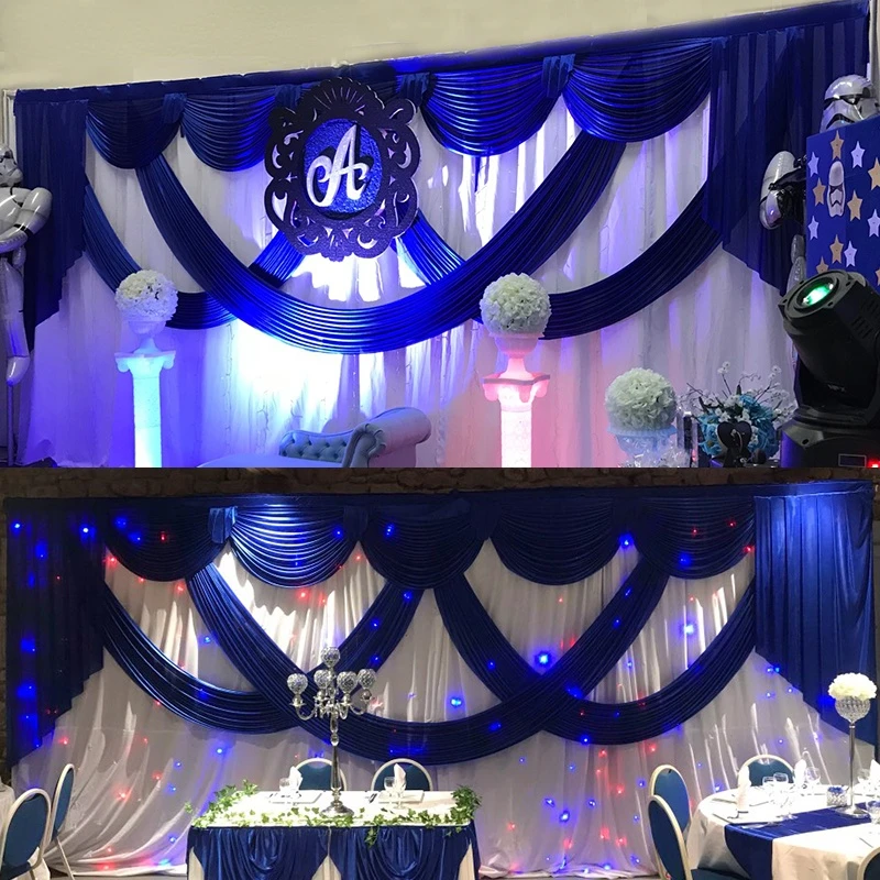 

3*6M White Ice Silk Wedding Backdrops with Royal Blue Swag Stage Background Drape and Curtain Wedding Decoration