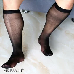 Thin reinforced, durable and not easy to snag sexy black transparent straight high elastic long men's formal business stockings