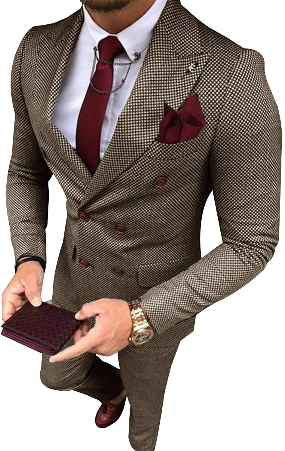 Men's Business Suits 2 Pieces Double Breasted Regular Fit Notch Lapel Plaid Wool Prom Tuxedos For Wedding (Blazer+Pants)