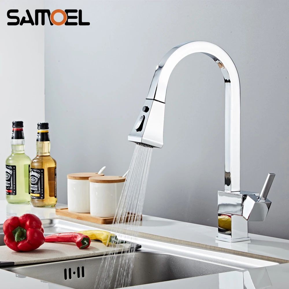 New 2021 Brass Kitchen Sink Faucet Single Hole Chrome Finish Square Pull Out Kitchen Cold Hot Water Mixer Tap 1248C