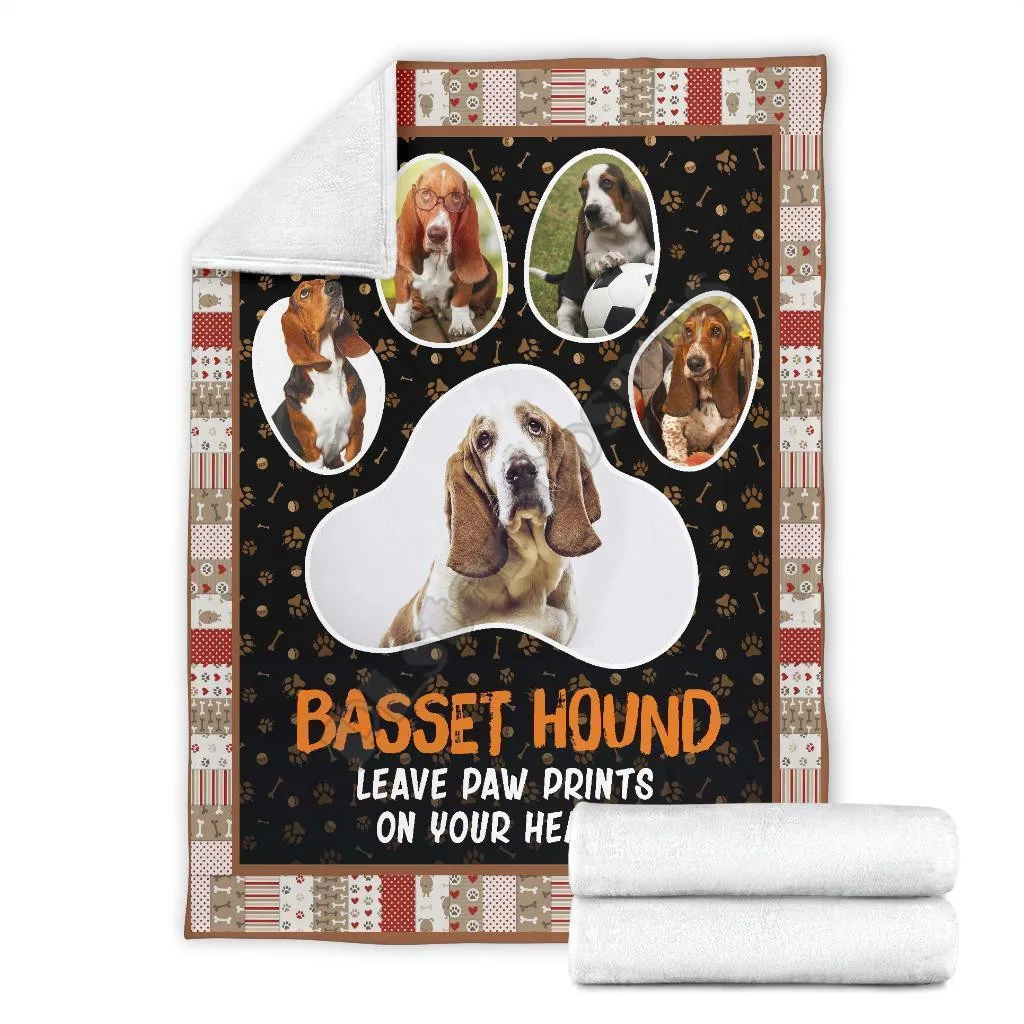 Basset hound leave paw prints on your heart fleece blanket Printed Wearable Blanket Adults/kids Fleece Blanket Sherpa Blanket