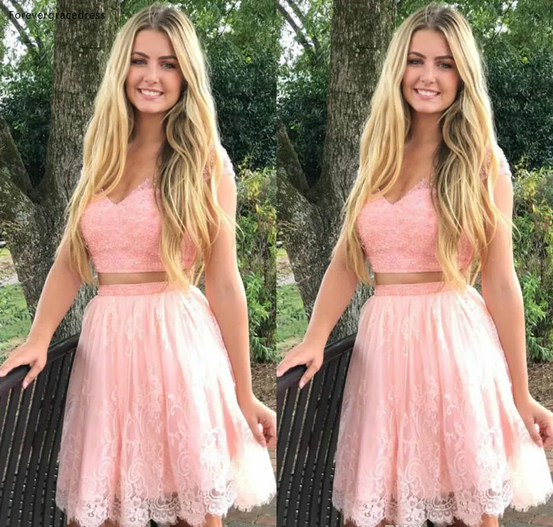 2019 Cheap Pink Lace Short Homecoming Dress A Line V Neck Juniors Sweet 15 Graduation Cocktail Party Dress Plus Size Custom Made