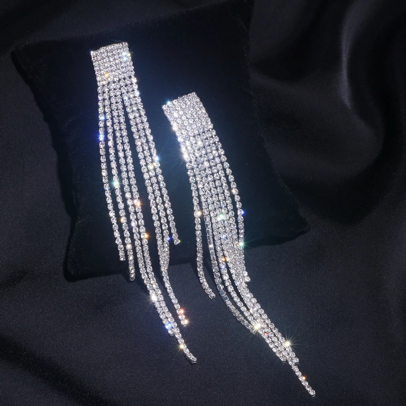 New Elegant Crystal Tassel Long Earrings for Women Shiny Rhinestone Drop Dangle Earrings Wedding Party Big Earrings Jewelry Gift