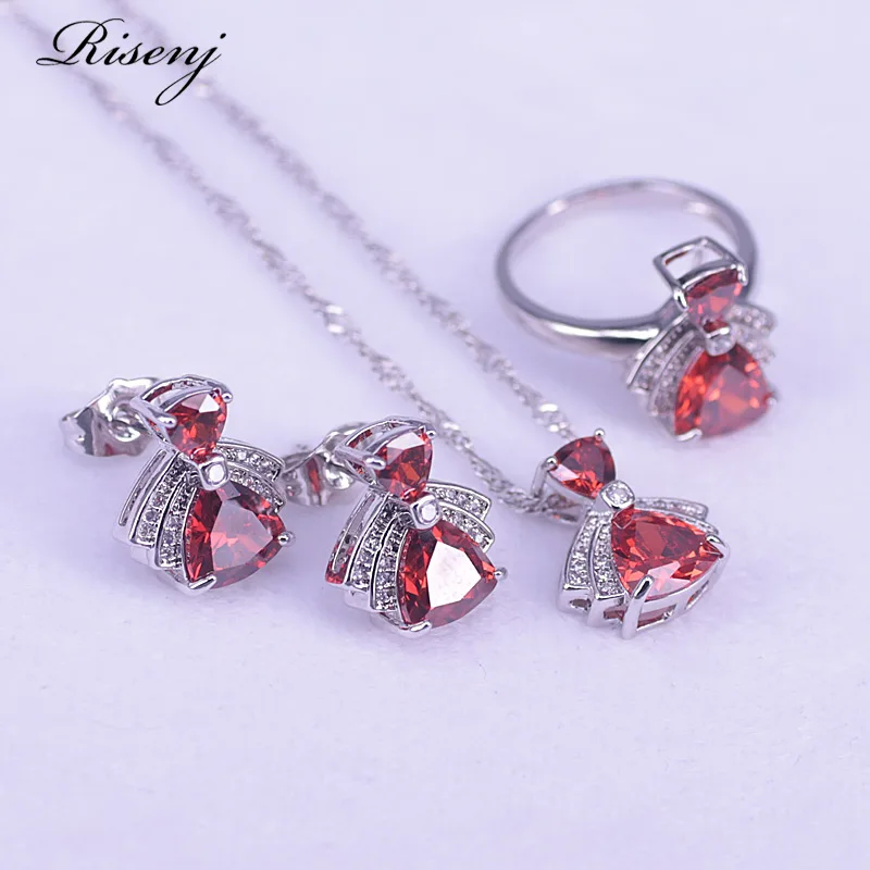 Lucky Color Red Zircon 925 Sterling Silver Jewelry Set For Women Stud Earrings Ring Necklace Bracelet Set Costume Jewelry Set