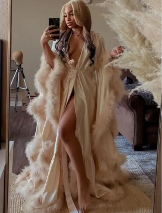 Champagne 2021 Feather Evening Robe V Neck Bridal Robe Wedding Scarf Long Lingerie Robe Nightgown Bathrobe Sleepwear with Belt