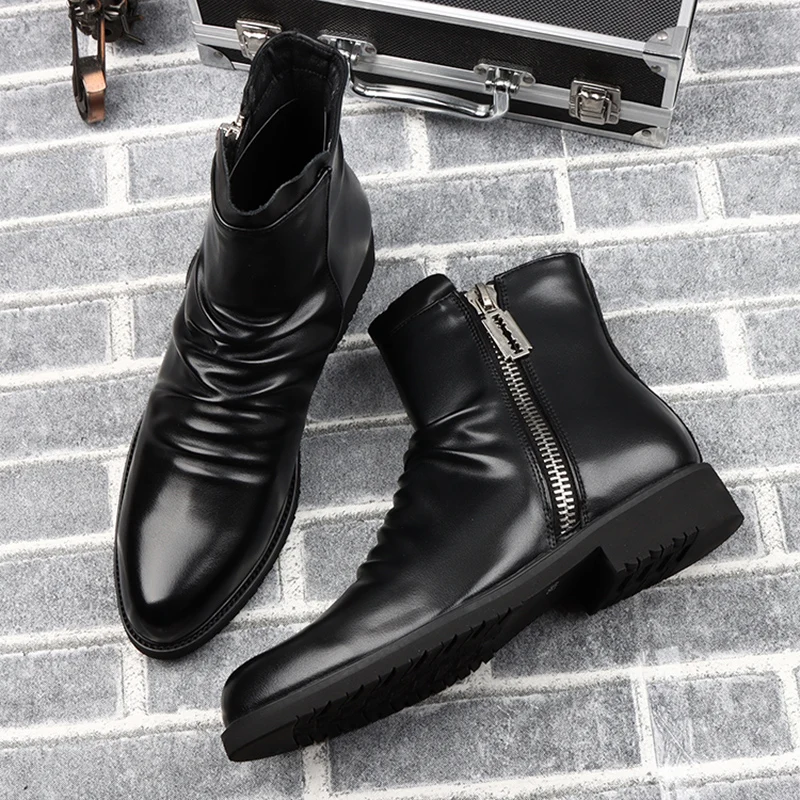 mens fashion party nightclub motorcycle boots black genuine leather shoes trend handsome cowboy boot young gentleman short botas