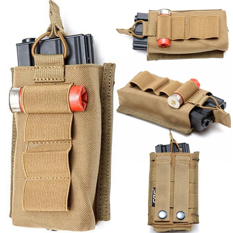 Magazine Holder Tactical Molle Compatible Single Stacker Open-Top Pistol Mag Pouch with 4 Rounds 12G Shotshell Holder for M4 M16