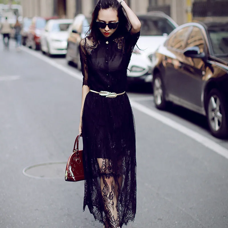 Elegant Half Sleeve Chiffon Black Dress Lace Hollow Out Women Dress Summer 2023 Ladies Dresses Robe Longue Vestido Casual