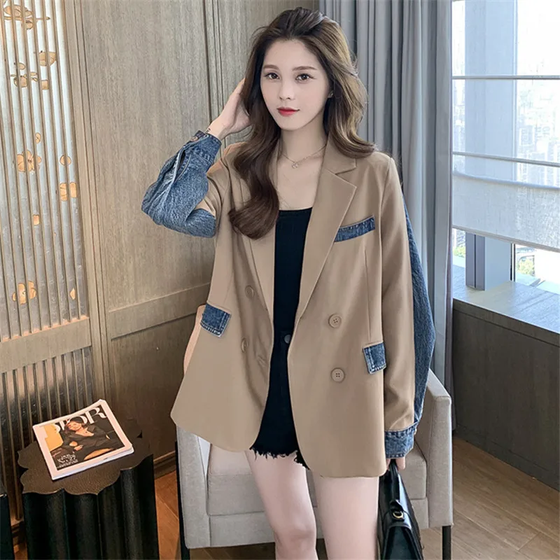 Denim Patchwork Black Blazer Jacket Women Double Breasted Fashion Spliced Suit Jacket Autumn Womens Loose Lapel Blazers Coat