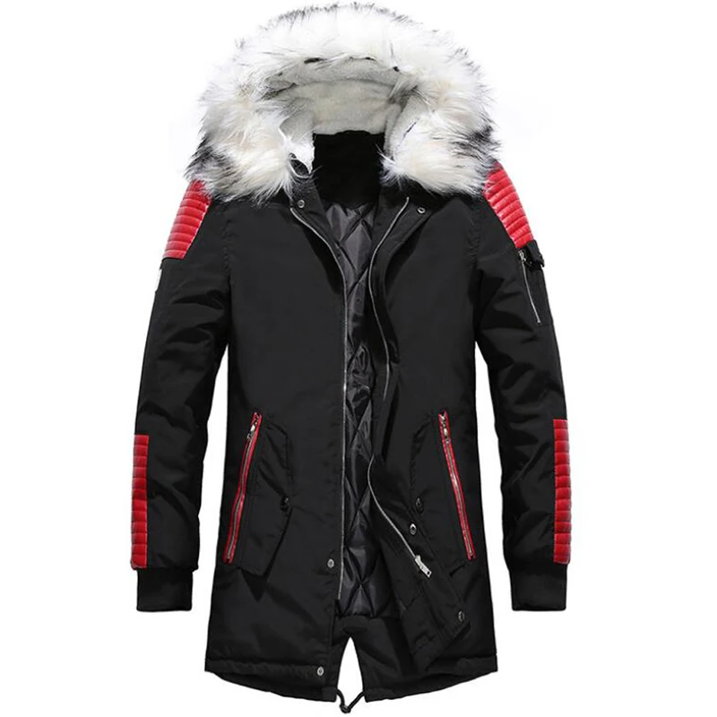 

Big Fur Collar Jacket Men Winter Casual Thicken Long Coat Mens Outwear Leather Patchwork Jackets jaqueta masculina Wholesale