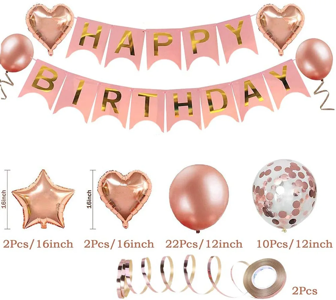 39pcs Rose Gold Birthday Party Decorations Happy Birthday Banner Heart Star Foil Confetti Balloons for Women Girl Birthday Party