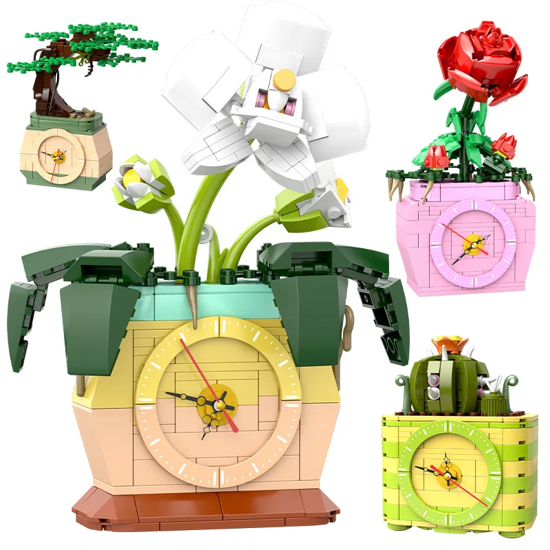 City Rose Orchid Flower Potted Plants Clock Building Blocks Home Decoration DIY Friends Bricks DIY Toys for Kids Girls Gifts