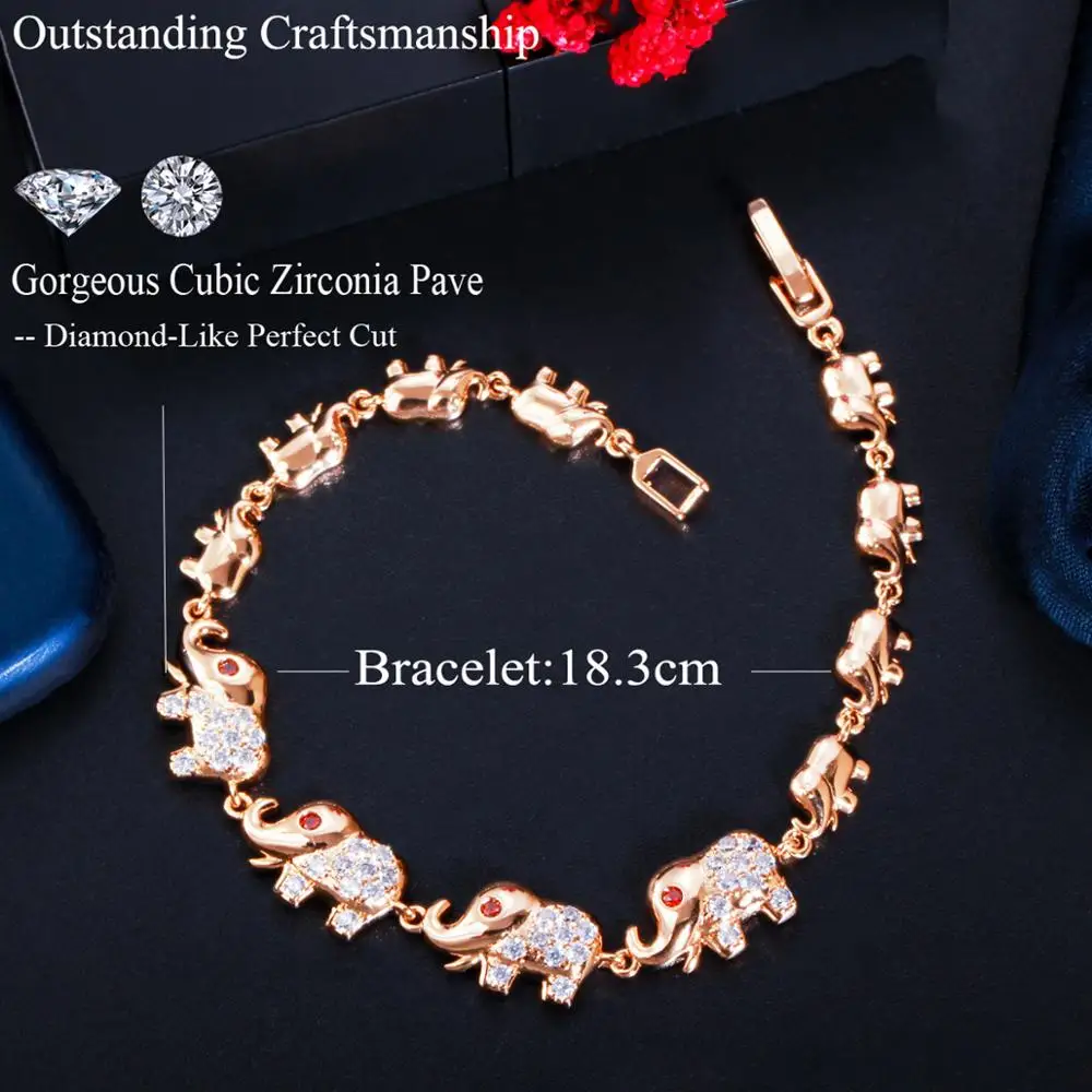 Pera Cute Elephant Shape Animal Charm Bracelets Bangles for Women 585 Light Gold Color Red White CZ Wedding Party Jewelry B186