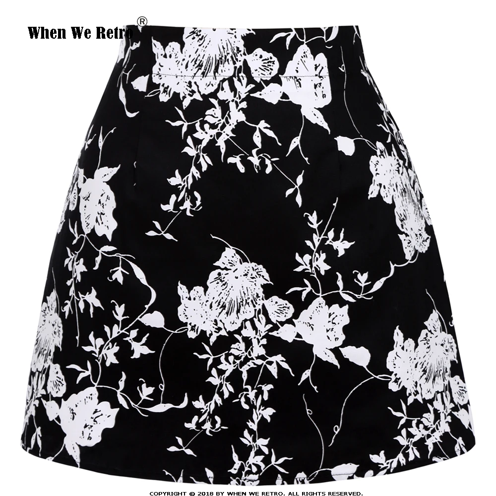 

New Arrival Sexy Black Mini Skirt SS0008 2024 Summer Black with White Floral Print Vintage Skirt Cotton High Waist Skirts Womens