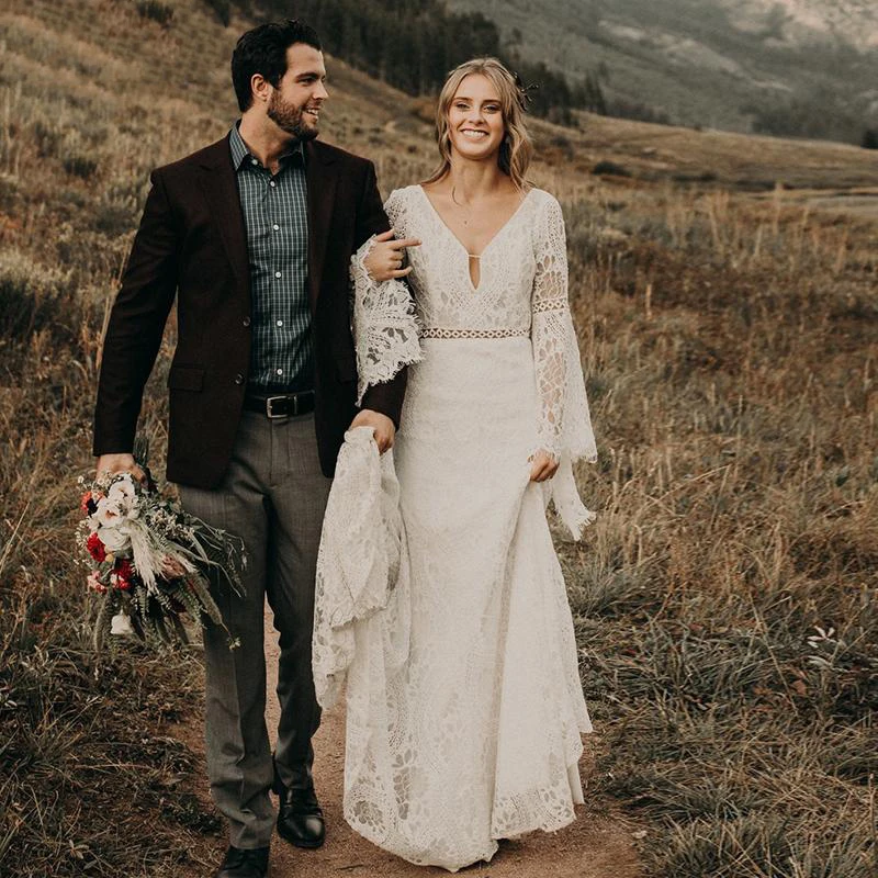 Strand Boho Lange Ärmel Hochzeit Kleid V-ausschnitt Nach Maß Plus Größe Backless 2021 Cut Heraus Spitze Ziel Elopement Braut kleid