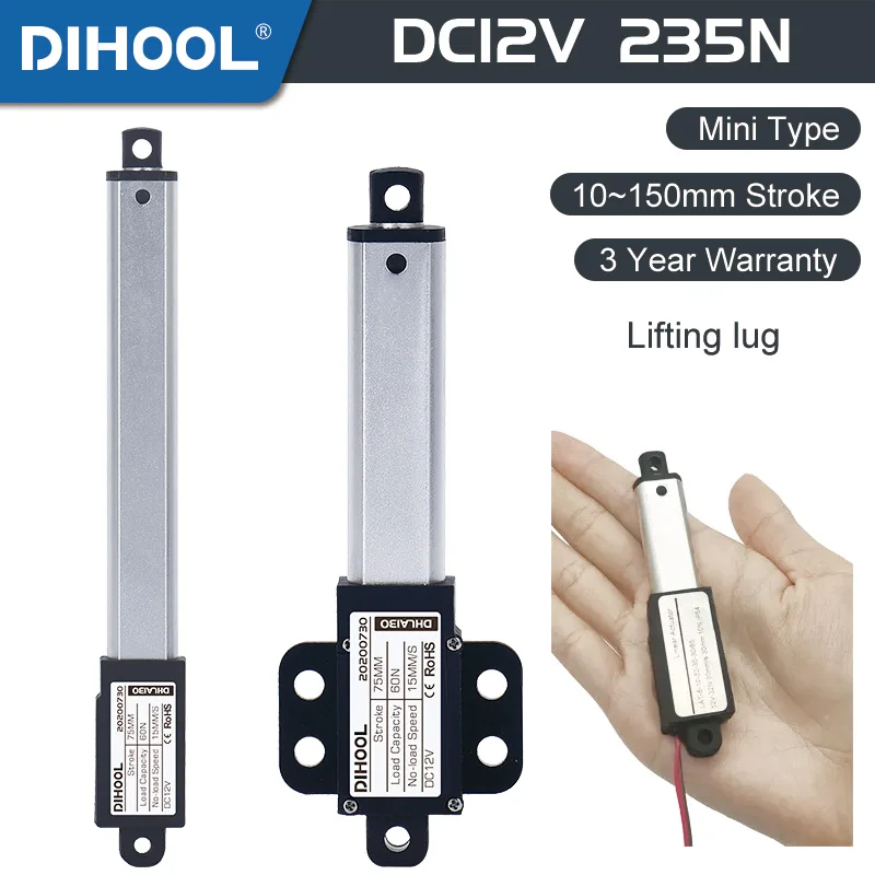 Mini DC12V Electric Linear Actuator 10mm 30mm 50mm 100mm Stroke Piston Metal Gear Motor Toy Box Opener High Speed IP54 235N