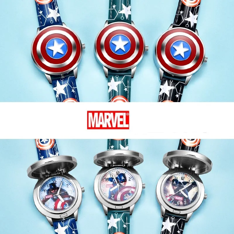 Marvel For Boy Watches Avengers Captain America Kid Spider Iron Man Children New Quartz Wristwatch Student Flip Metal Case Clock