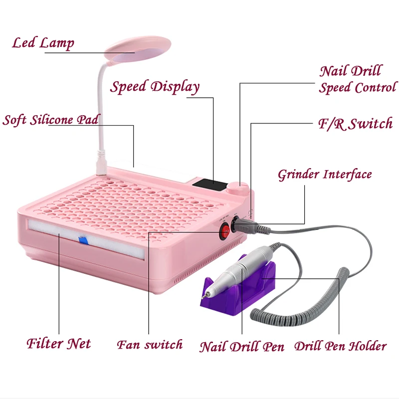 3 In 1 98W Nail Vacuum Dust Suction Collector Cleaner with LED Lamp Nail Drill Pen Manicure Machine Bits for Gel Polish Removing