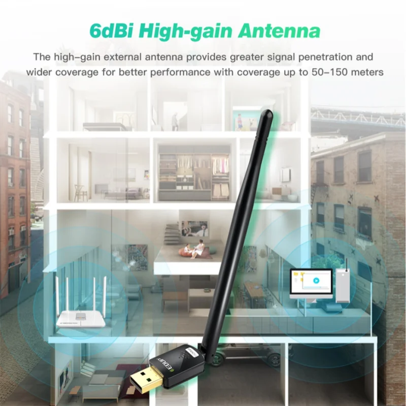 Wi-Fi-адаптер EDUP компактный с USB, 150 Мбит/с, антенна 6 дБи, 802.11n, MT7601