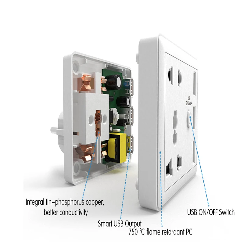 Enchufe de pared inteligente con 3USB, adaptador de interruptor Universal, toma de corriente de estilo europeo, Panel de conversión de 100-240V