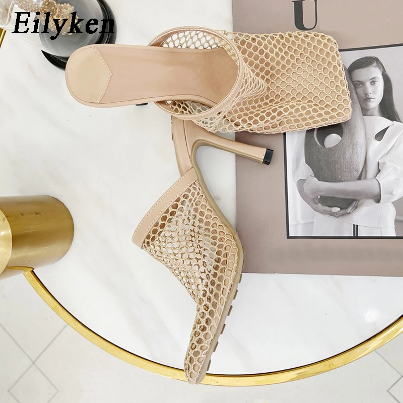 Eilyken 2024 New Hollow Breathable Mesh Woman Thin High Heels Slippers Summer Vintage Square Toe Mules Femme Shoes Pumps Sandals