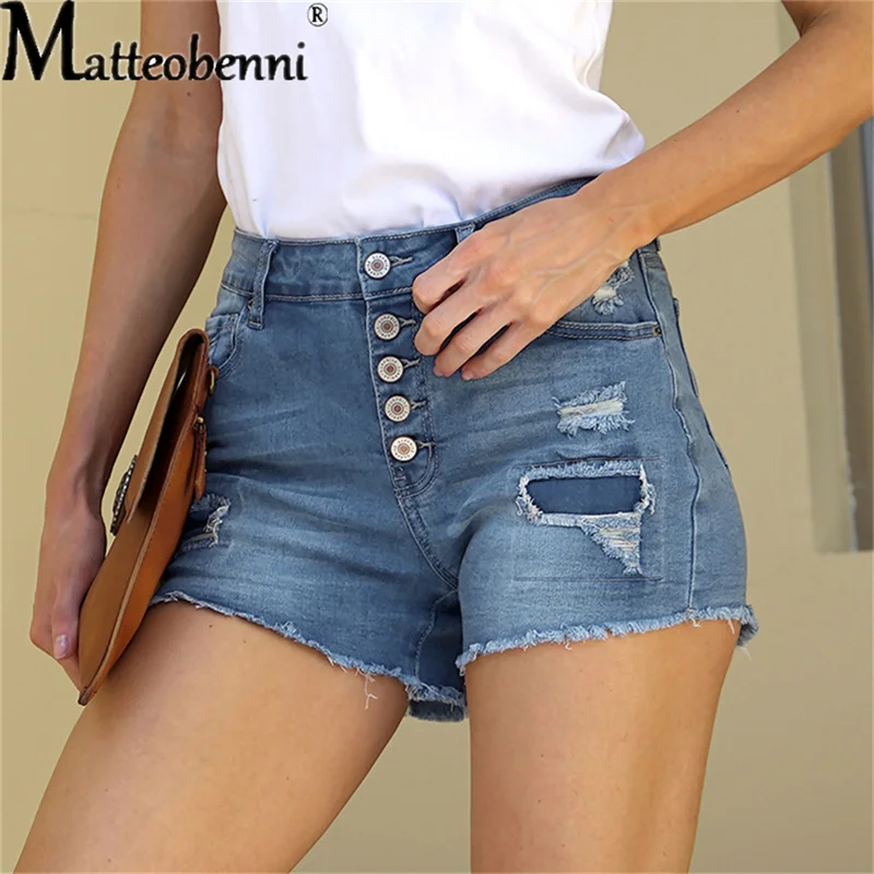 

2022 Summer Womens Casual Vintage Denim Shorts Breasted Patch Skinny Street Fashion Wear Ripped Solid Color Slim Jeans Shorts