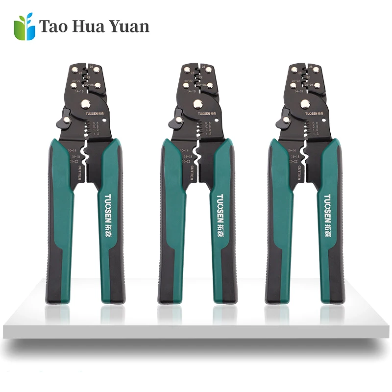 Tao hua yuan ferramenta de friso alicate fio cortador stripper crimper wiretool 10-22awg tubo quadrilátero bootlace terminal aa