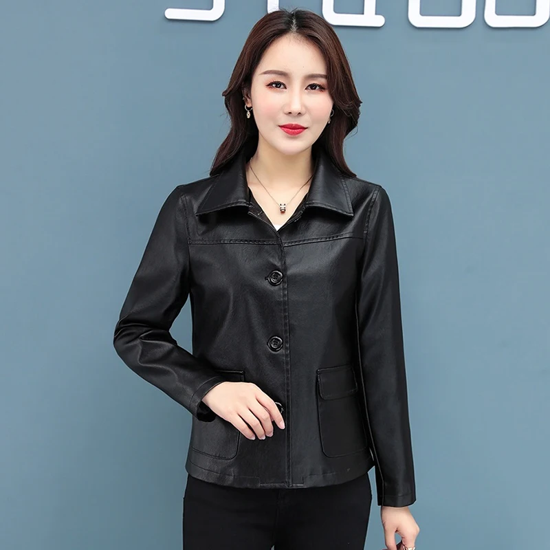 Mùa Xuân, Mùa Thu Xe Máy Áo Khoác Da Nữ Cổ Bẻ Điện Đơn Slim Đen Caro Moto & Biker áo Khoác Fe