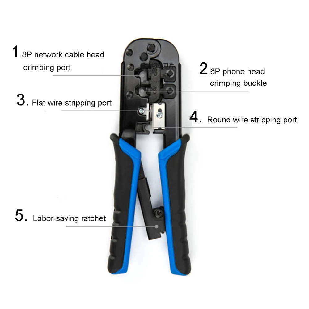 Herramienta crimpadora RJ45, alicates de red Ethernet para 6P/RJ11/RJ-12 y 8P/RJ45, pelacables de crimpado, Clip de prensado multifunción