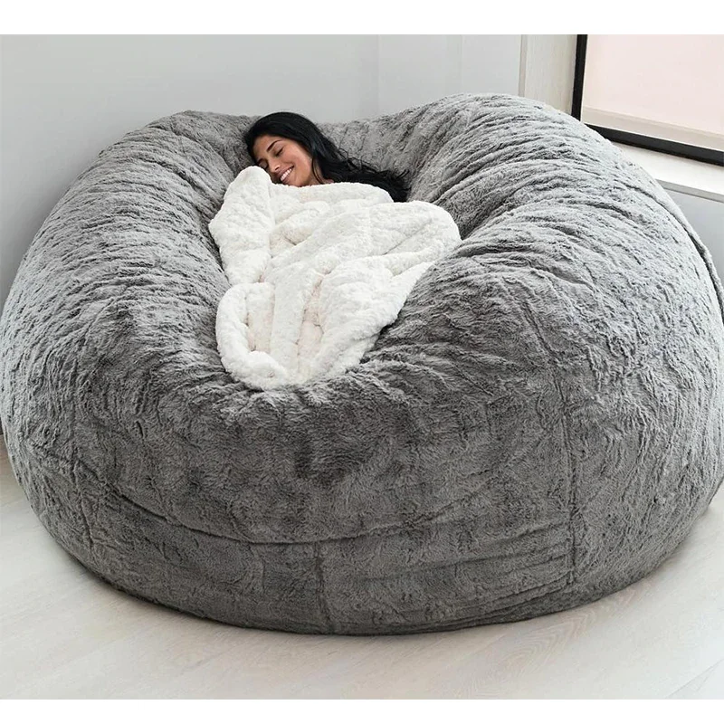 Soft Comfortable Giant fur Bean Bag Cover Living Room Decoration Rest Furniture Round Sofa Bed Cover Dropshipping