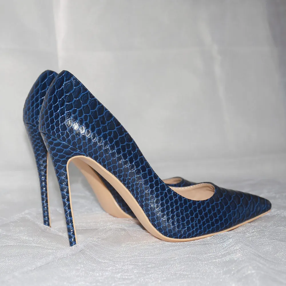 Veowalk Sexy Women Snakeskin Embossed Extremely High Heel Party Shoes Italian Style Navy Blue Fashion Ladies Stilettos Pumps