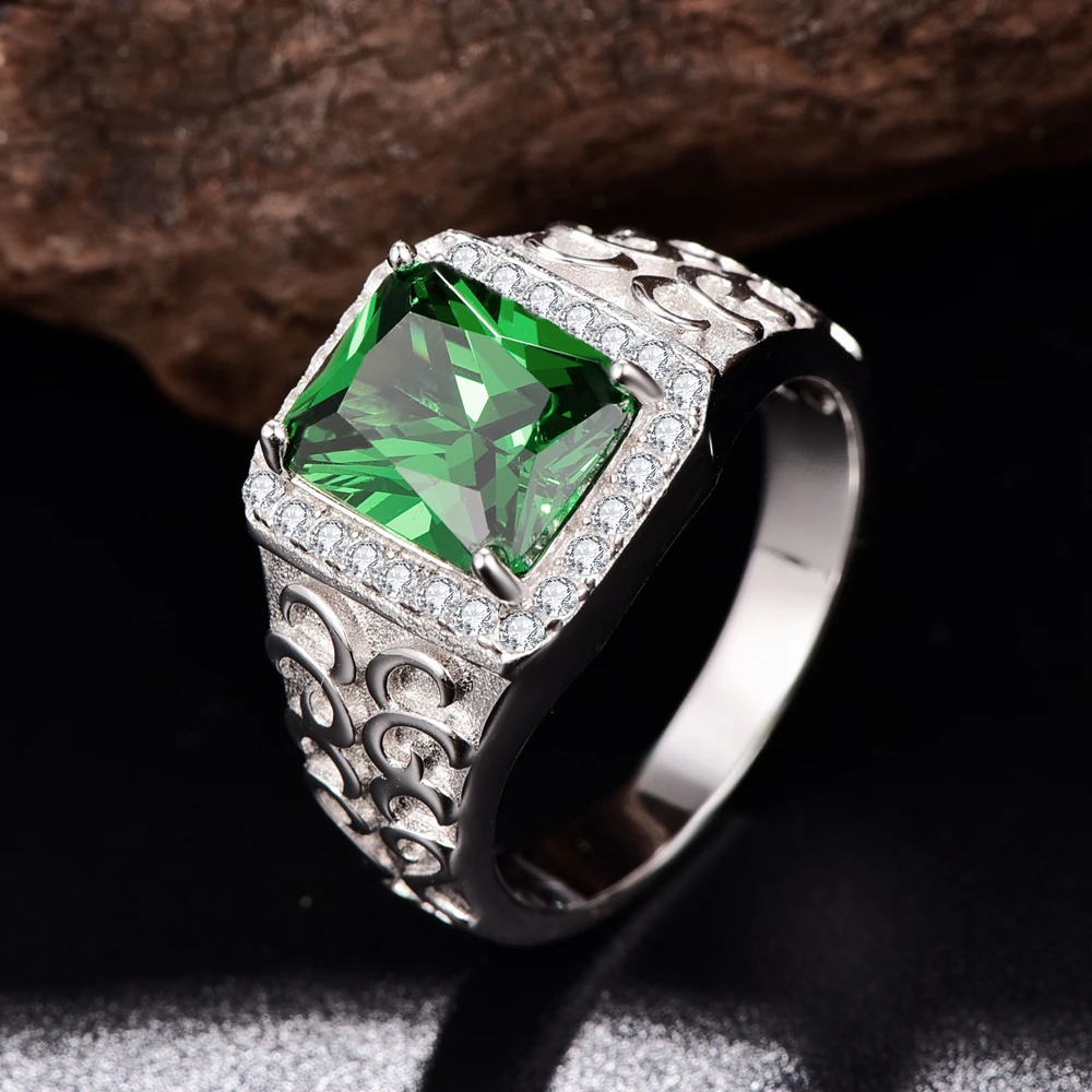 925 Sterling Silver Square Emerald Rings White Cubic Zirconia Hollow Flowers Zircon Wedding Engagement Ring for Men