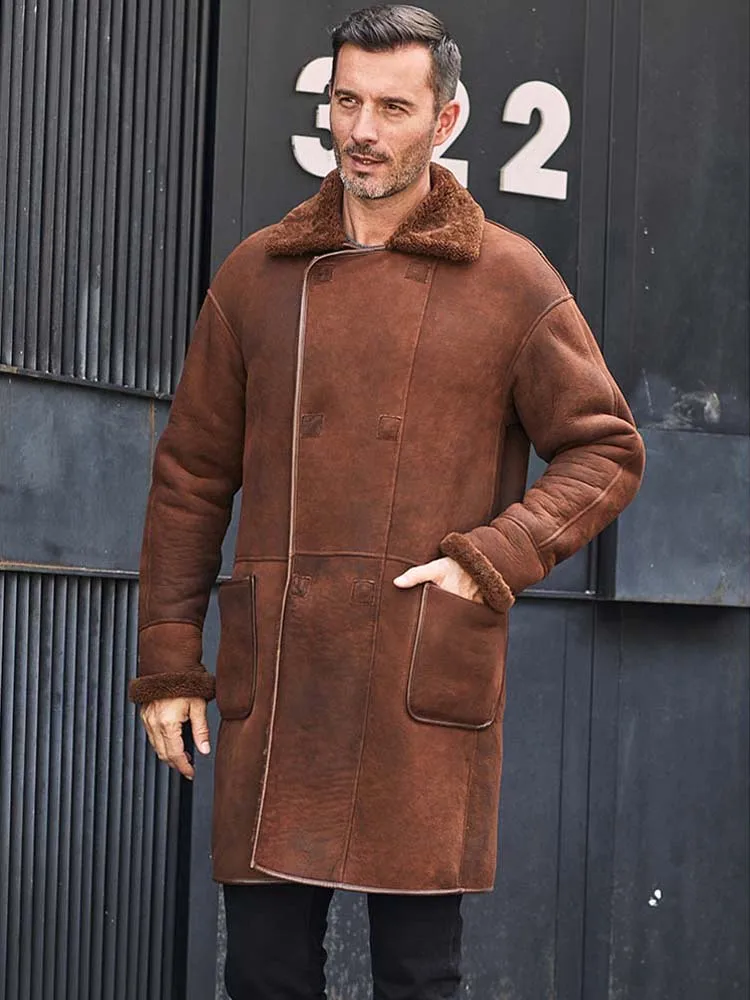 Denny&Dora Men's Shearling Jacket - Turkey Brown Leather Trench Coat, Long Winter Fur Overcoat