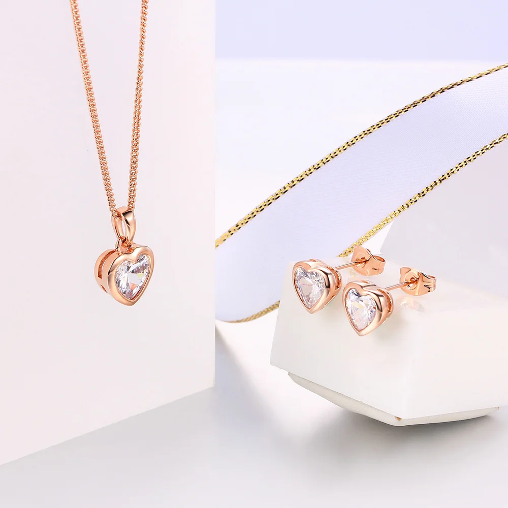 Heart Charm Wedding Jewelry Sets For Women Crystal AAA+Zircon Rose Gold Color Pendant Necklace Earring Fashion Jewelry S281