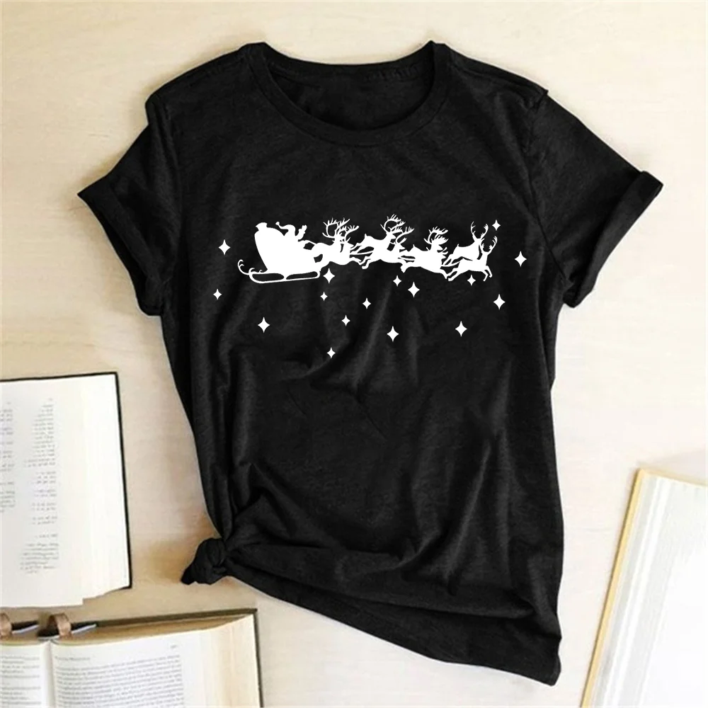 

Harajuku Ulzzang Tumblr Tees Camiseta Mujer Christmas Clothes Christmas T Shirt Women Funny Deer Cart Printed T Shirt