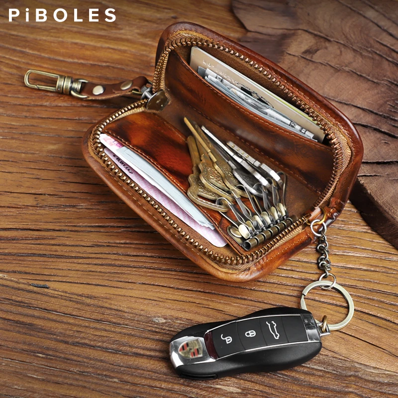 Portable Key Wallet Handmade Genuine Leather Smart Key Slot Housekeep Key Holder Card Card Wallets For Men Zipper Coin Purse