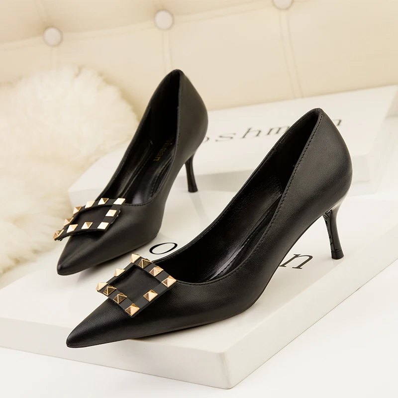 

Office Elegant Metal Decoration Women Pumps Pointed 6cm/9.5cm High Heels Ladies Sexy Party Nude Solid Flock Female Shallow Shoes