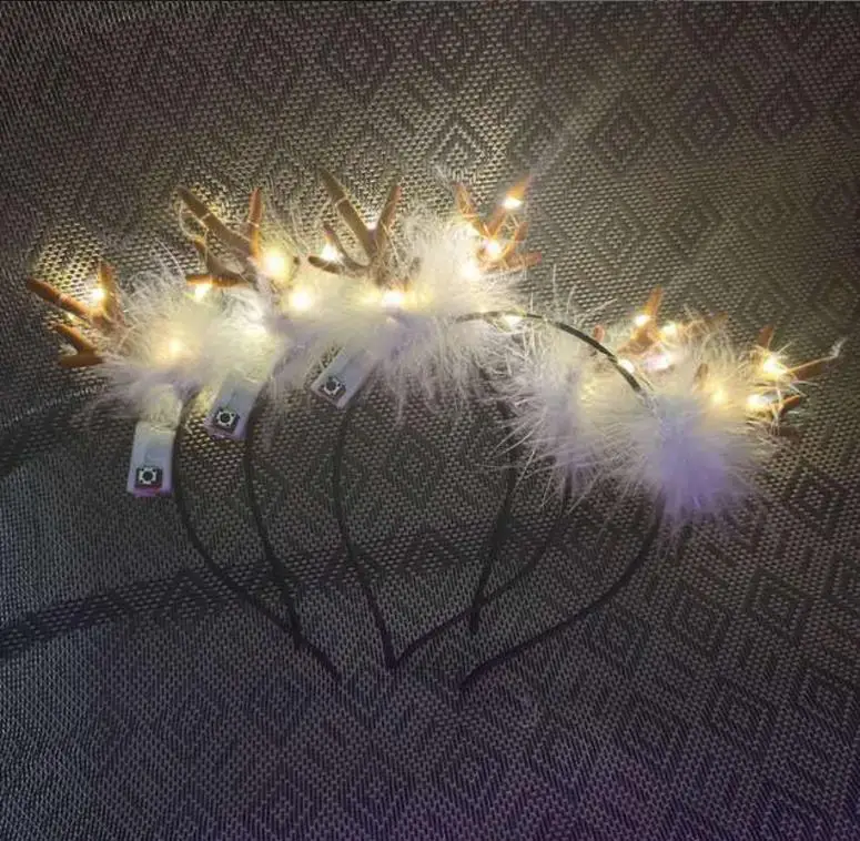 LED Fluffy Feather Antlers Headband XMAS Glowing Light Up Flashing Deer Ears Hairband Fancy Cosplay Party Decor + Battery