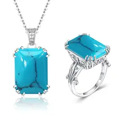 Szjinao Real Silver 925 Jewelry Sets For Women Undefined Turquoise Gemstone 925 Sterling Silver Pendant Ring Set Fashion Jewelry