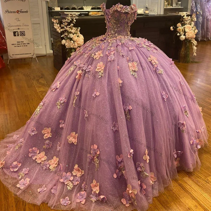 Princesa rosa mis 15 años quinceanera vestidos rendas 3d applique fora do ombro doce 16 vestidos de xv años