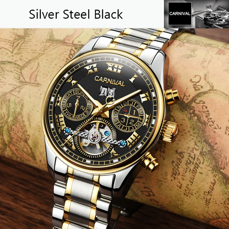 Carnival Fashion Men\'s Stainless Steel Tourbillon Mechanical Watch Waterproof Luminous Calendar Week Automatic Watches Men 8728