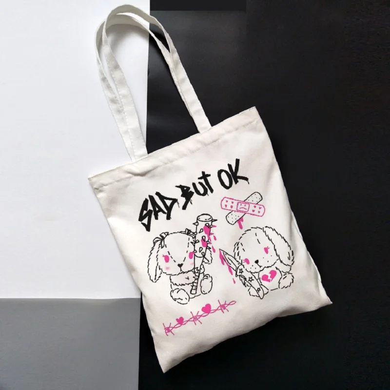 Korea Ulzzang art gothic school bag y2k anime canvas bag large capacity casual shopper bag Ins heart Harajuku women shoulder bag