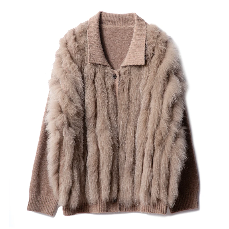 

Loose lazy style women's knitted cashmere mid-length coat Danish blue fox fur wool sweater cardigan real fur jacekt