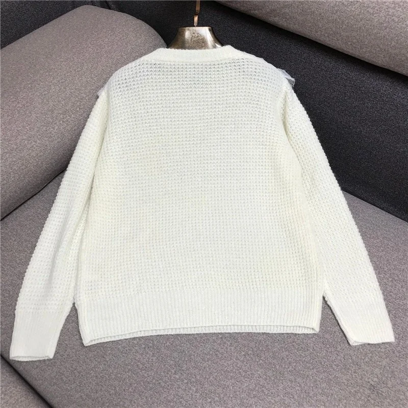 Suéter de manga larga para mujer, Jersey de punto con lazo de malla de lentejuelas, Tops de moda, cuello redondo, elegante, novedad de otoño