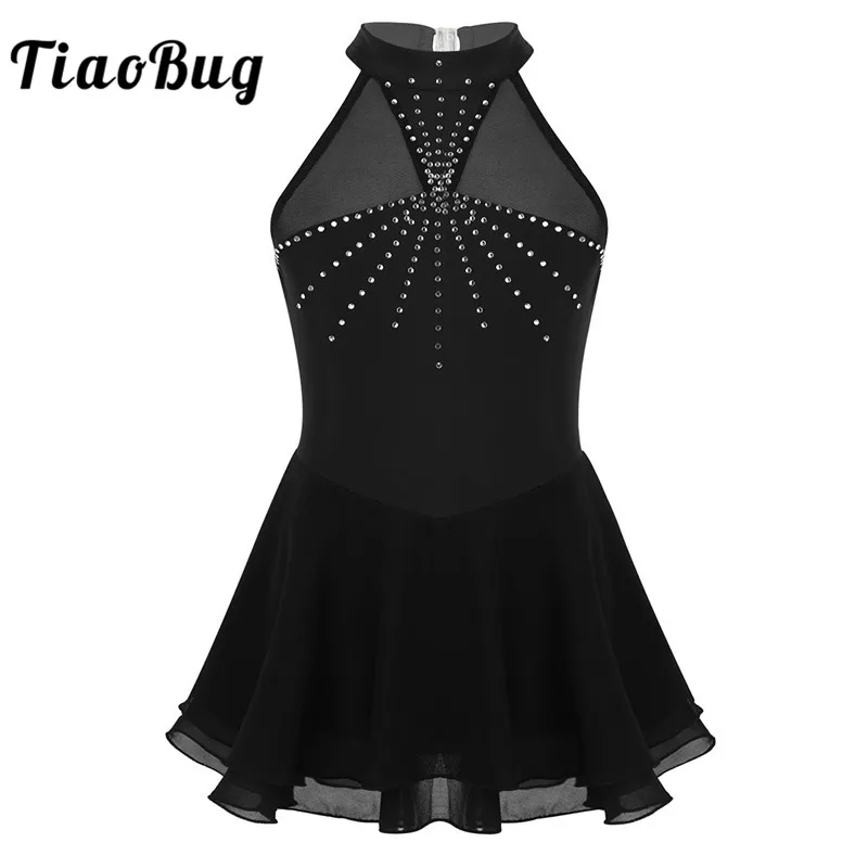 

TiaoBug Kids Teens Sleeveless Sparkly Rhinestones Mesh Splice Ballet Gymnastics Leotard Girls Figure Skating Dress Dance Wear