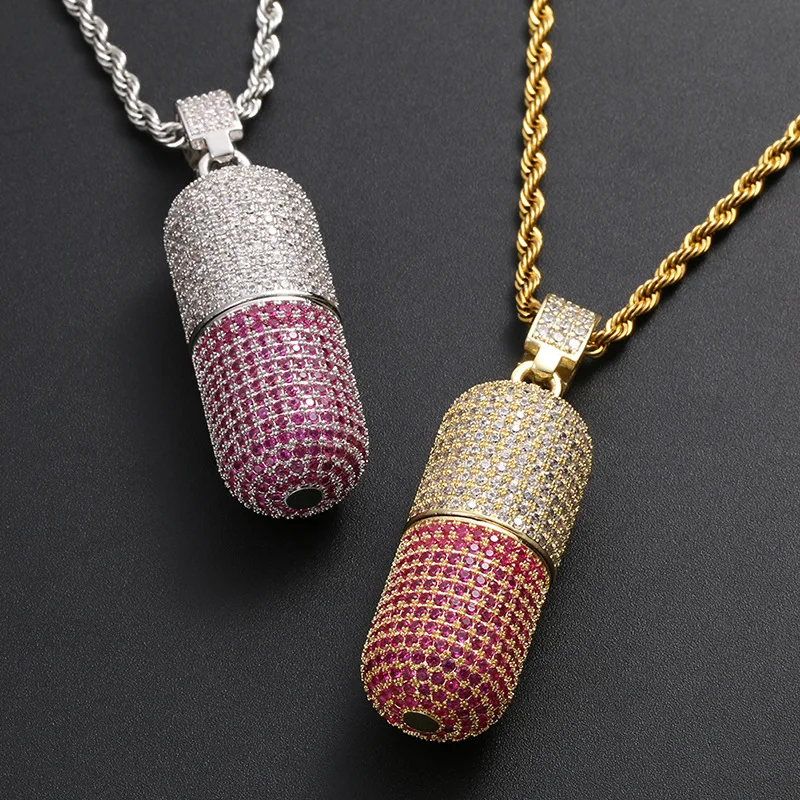 

Ice Out Cubic AAA+ Zircon Exquisite Pills Pendant Necklace with Rope Chain Hip Hop Gold Silver Color Charm Jewelry for Men Women