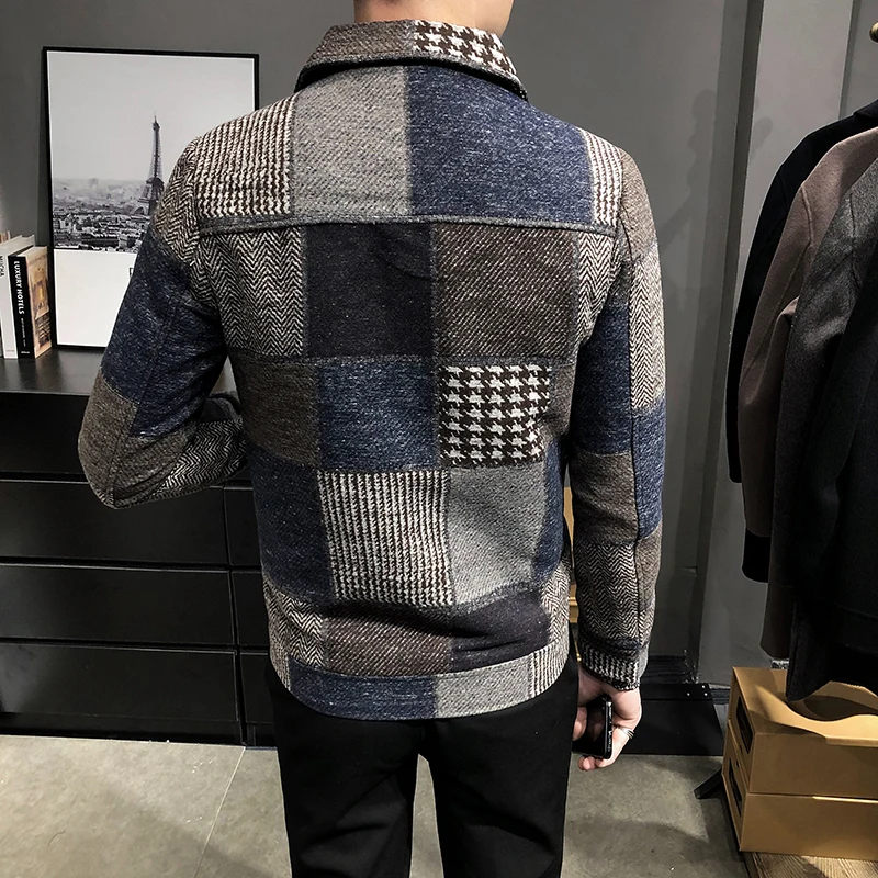 2021 Autumn and Winter Fashion New Men\'s Casual Lapel Hoodless Jacket / Male Slim Plaid Woolen Coat